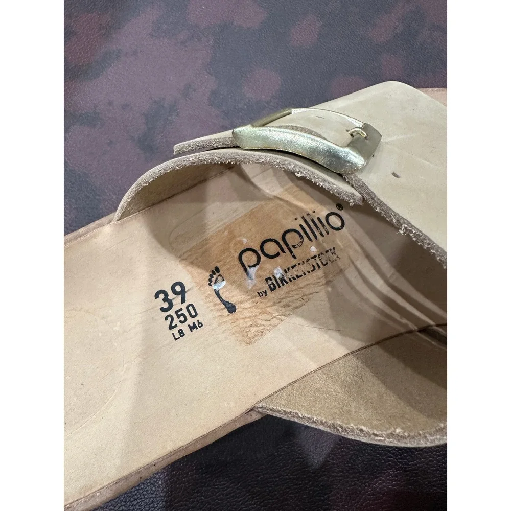Papillio by Birkenstock Tan Nubuck Platform Slide Sandals Gold Buckle Size 39